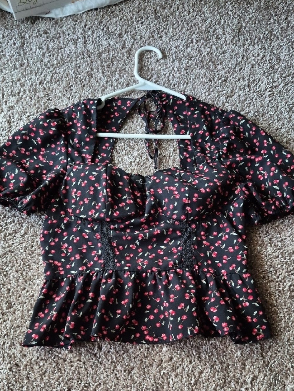 Black Cherry Print Peplum Puff Sleeve Top